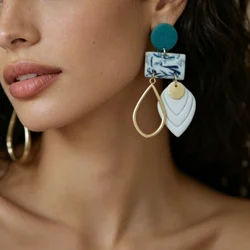 Bohemian Polymer Clay Earrings for Women Leaf Pattern Multi Layer Dangle, Navy Aqua Vintage Fashion Accessories Party Holiday