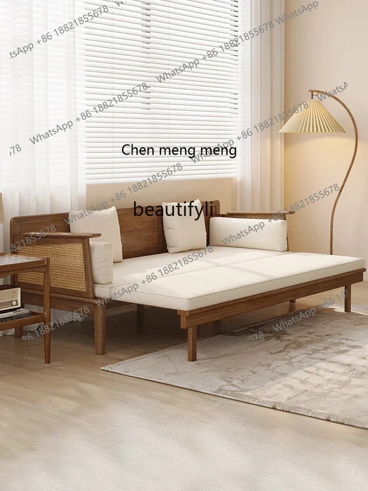

ss7304 Nordic Solid Wood Sofa Bed Living Room Retro Rattan Retractable Folding Sofa Bed
