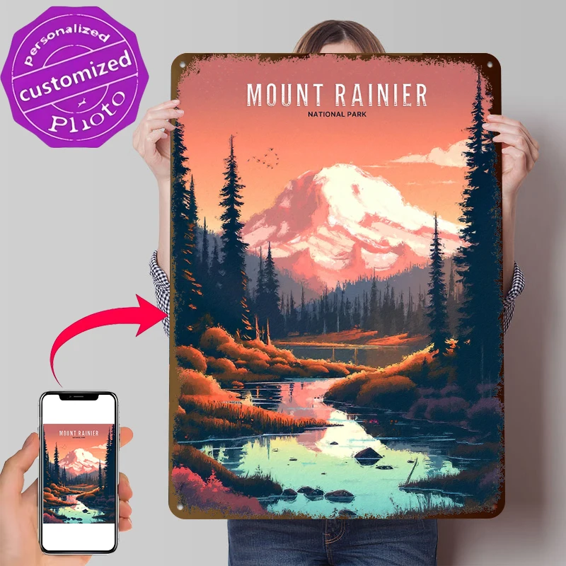 

Mount Rainier National Park Tinplate Poster Wall Art Retro Vintage Metal Signs for Fans Interior Decoration Living Room Decor