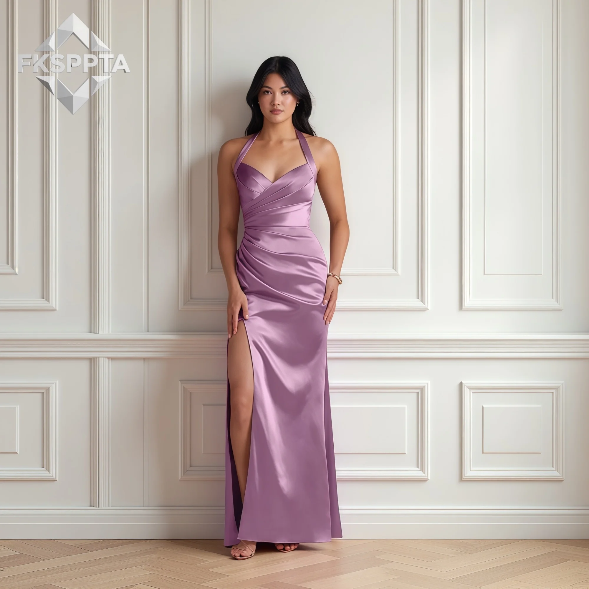 

Elegant Mermaid Long Evening Dress 2026 Backless Halter Pleated Satin Women Special Occasion Gowns For Prom Wholesale