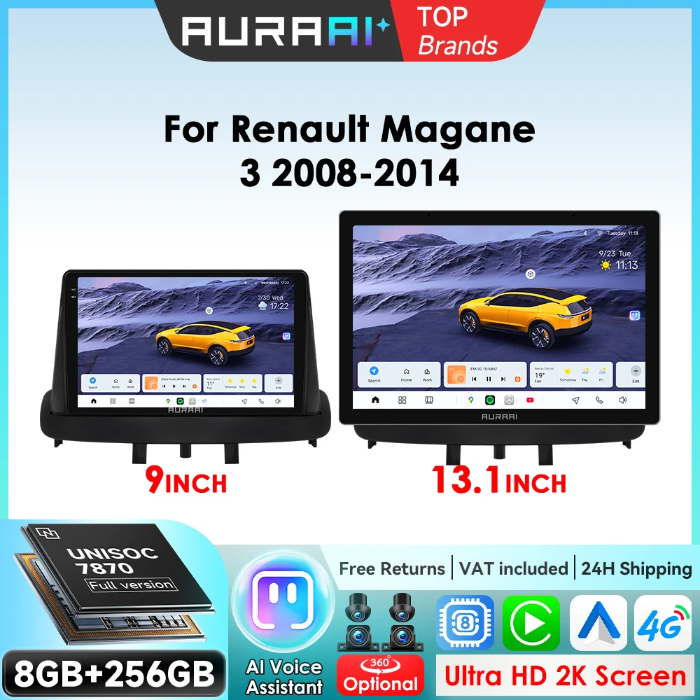 AURAAI Carplay Auto Für Renault Megane 3 Fluence 2008-2010 2011 2012 2013 2014 GPS Stereo 2din Kopf einheit Super Große Bildschirm DSP