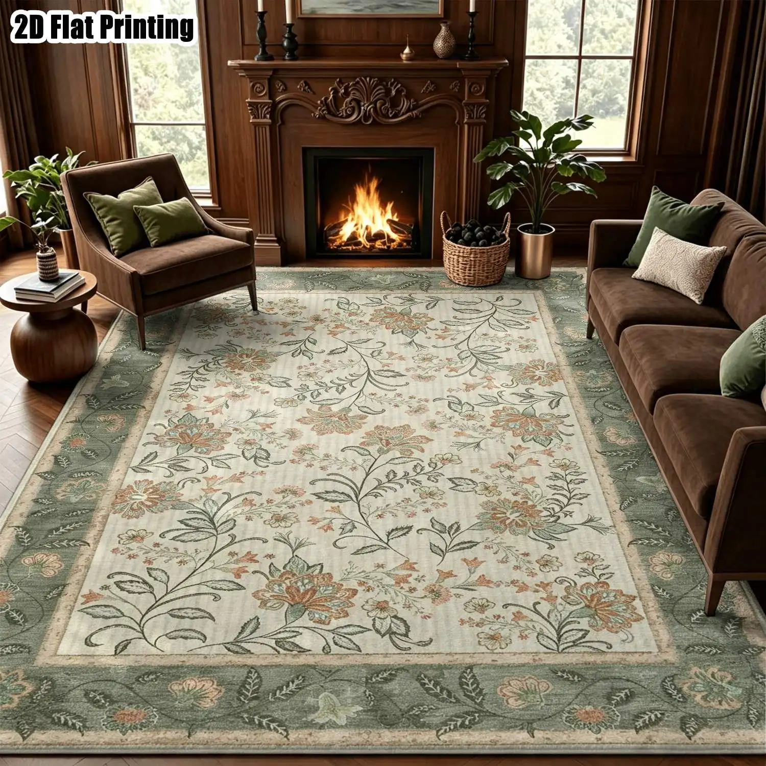 1Pc 2D Printed Carpet: Beige Floral & Leaf Patterns, European Vintage, Modern Minimalist, Instagram/Nordic Style, Geometric, Machine Washable, Multi-Size, Home Decor for Living Room, Bedroom, Dining Room, Entrance, Study