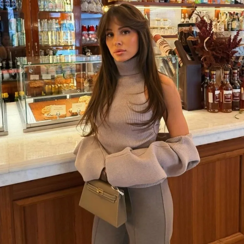 Damen Gerippter Strick-Rollkragenpullover mit Schulterausschnitt, Neckholder-Weste, Langarm-Schal, 2-teiliges Set, Schlankes Y2K Sexy Streetwear Herbst-Top