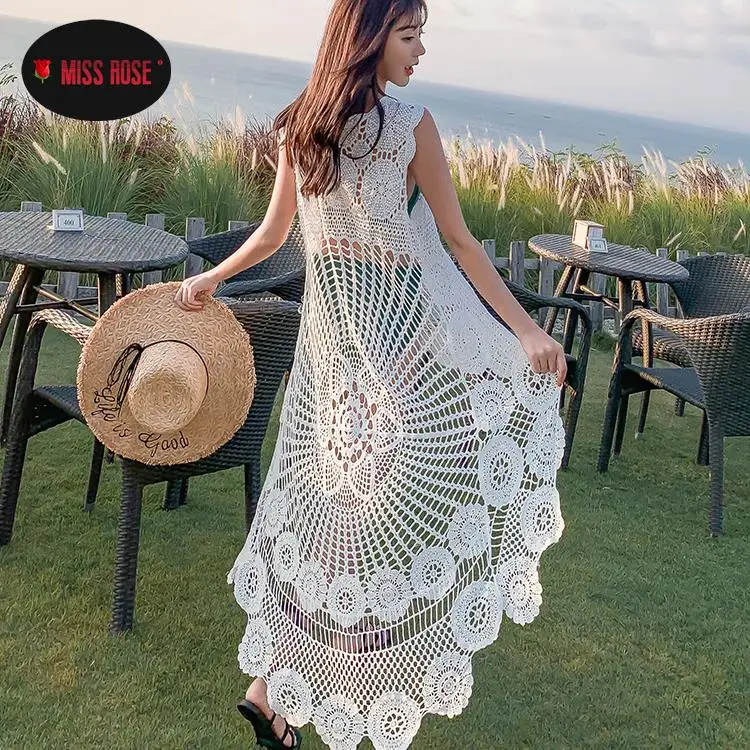 

Lace Beach Dress Pareos Swimwear Bohemian Short Dresses Wome White Crochet Bikini Cover Up with Fringe Trim Women Hollow Tunic