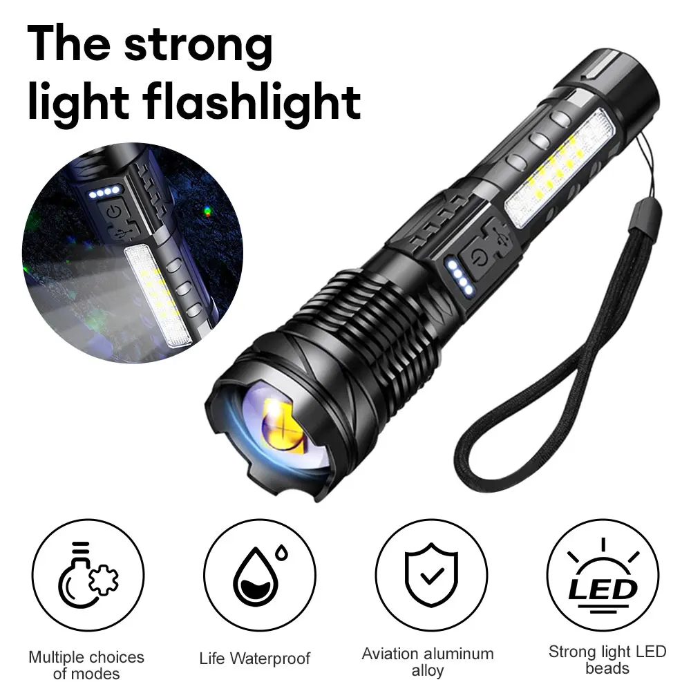 Powerful XHP50/GT10 LED Flashlight Waterproof 18650 Torch With Side Light 5 Modes Camping Fishing Lantern Rechargeable Zoom Lamp