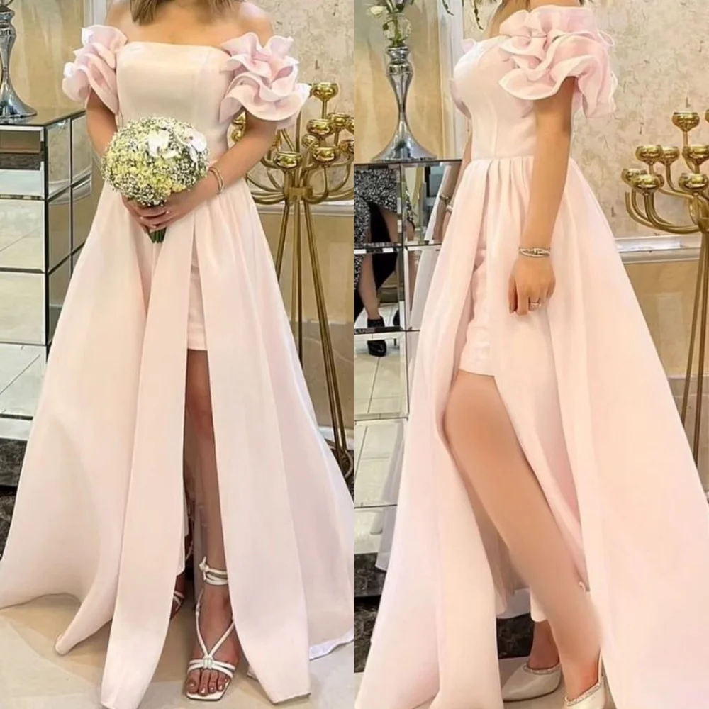 

Customized Formal Off the Shoulder Ball Gown Pleat Ruched Draped Floor-Length Satin Bespoke Occasion Dresses Evening