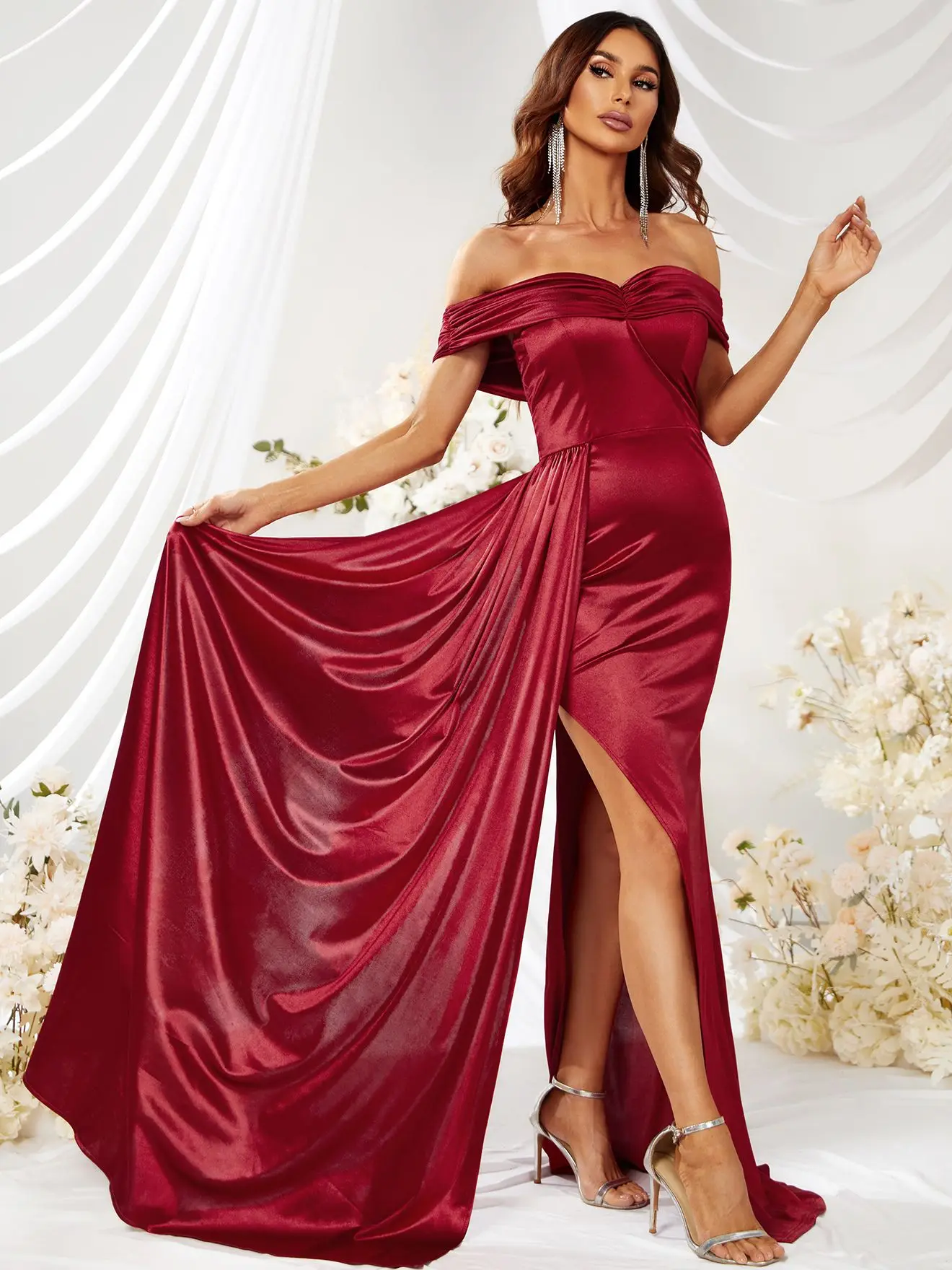 

Yeinchy sexy new off shoulder backless sleeveless women formal bodycon folds ribbon satin maxi split long floor length dress