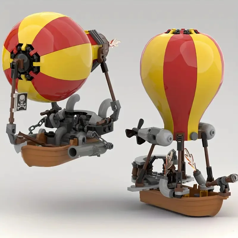 MOC Steampunk Luftschiff Baukasten Piratenflagge Totenkopf Heißluftballon Bausteine Spielzeug-Set für Jungen Kinder Geschenke