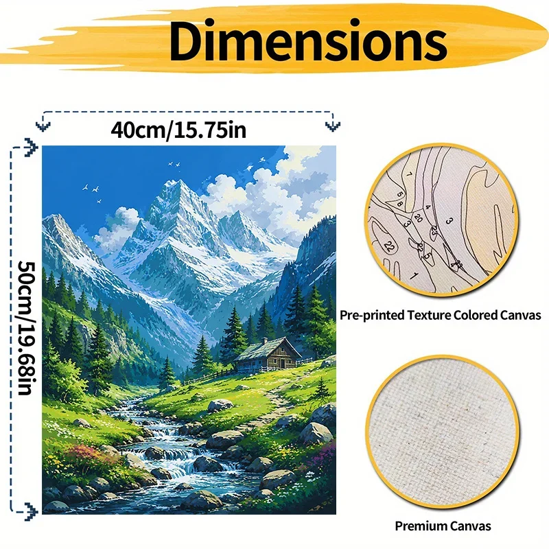 Professional Art Use, 1 Set Professional Art-Grade Adult Paint by Numbers DIY Kit, Snow Mountain Canyon Stream Cabin Scenery, 40
