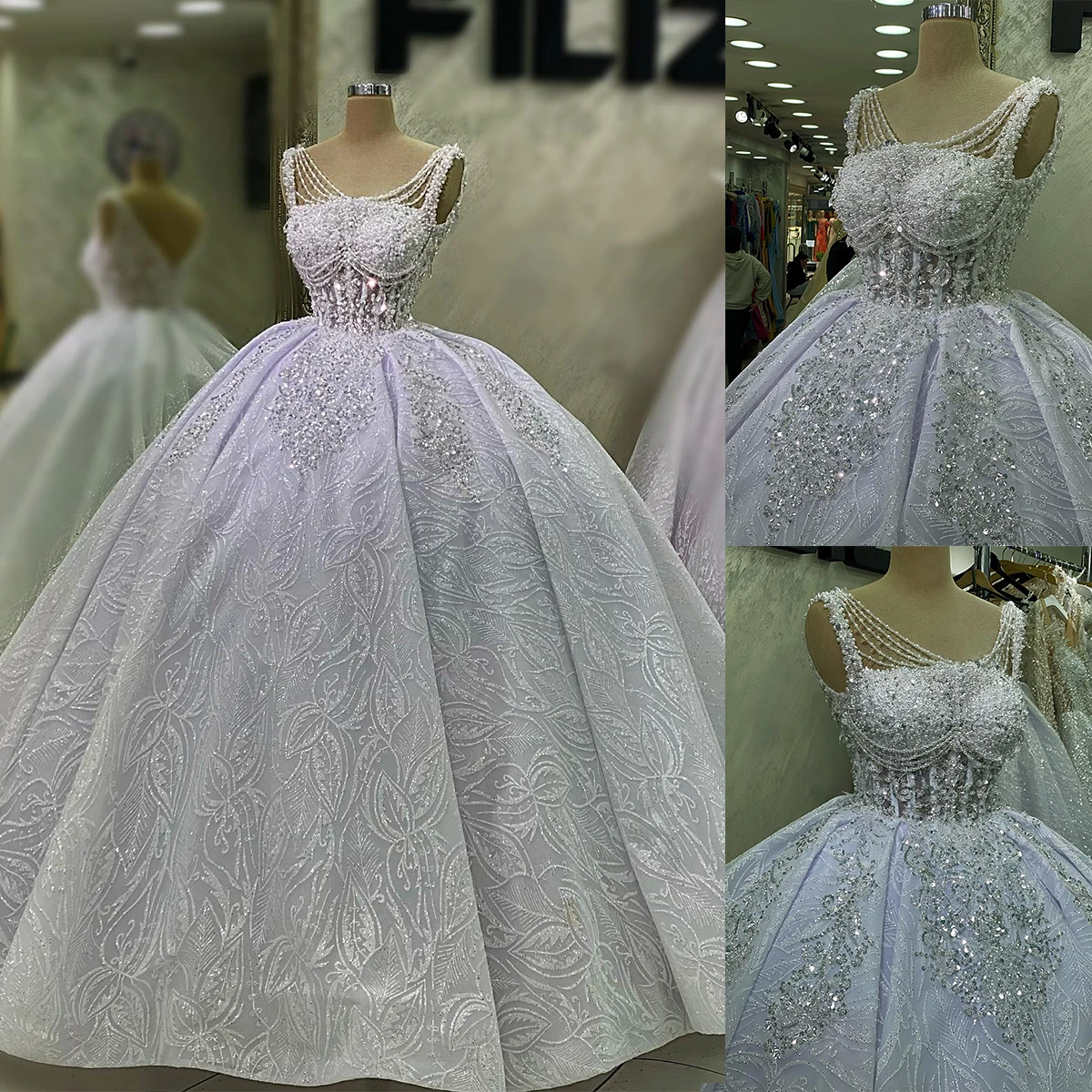 

Gorgeous Ball Gown Wedding Dress For Women Pearls Sequins Bridal Gown Sleeveless Beading Strap Sweep Train Dresses