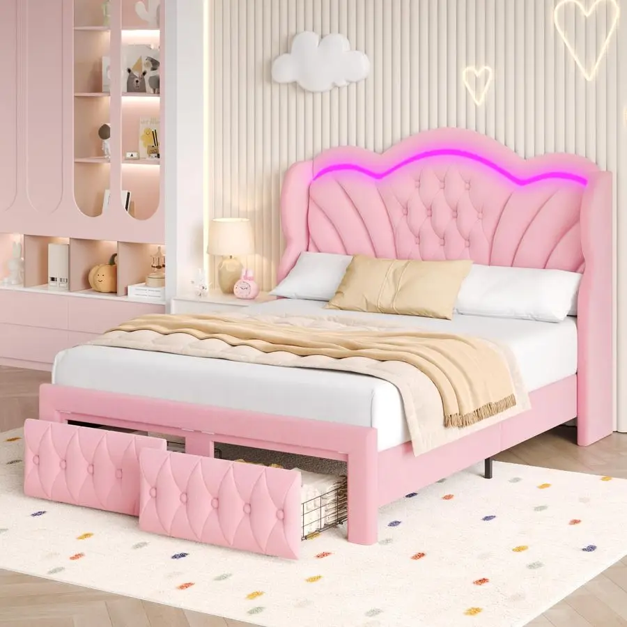 Full Bed Frame with LED Lights and 2 Storage Drawers, Velvet Upholstered Platform with 47 Tall ArcShaped Wingback Headboard and