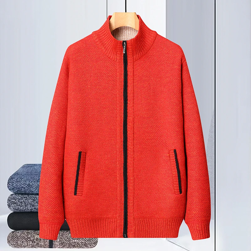 

2025 Autumn New Jersey Men Casual Solid Color Sweatcoat Winter Men Thick Fleece Warm Sweater Casual Stand Collar Zipper Cardigan