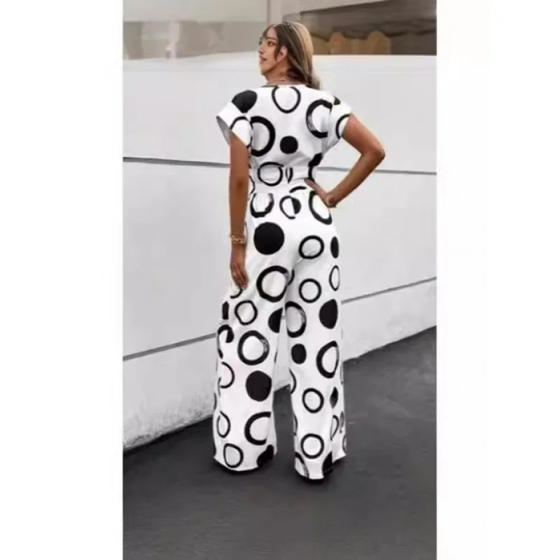 2024New Product Fashion Elegant CasualVCollar High Waist Print Wide Leg Belt Jumpsuit