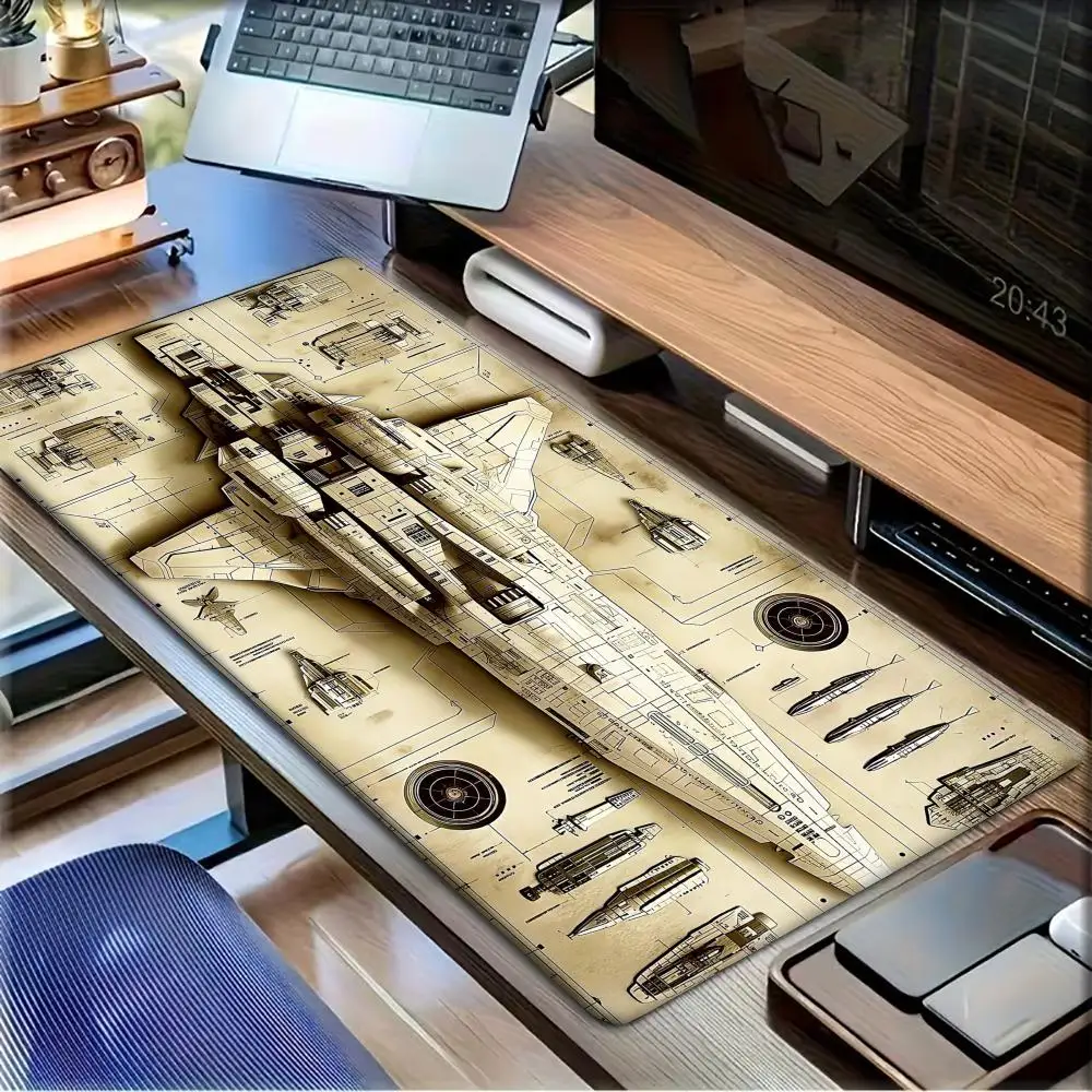 Large XXL Gaming Mouse Pad Desk Mat Keyboard Pad Vintage Fighter Jet Aircraft Blueprint Technical Drawing Print Cool PC Mousepad