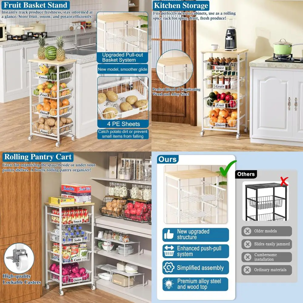 5-Shelf Rolling Kitchen Cart with Pull-Out Drawers, Wooden Top Storage for Pantry, Fruits, and Snacks