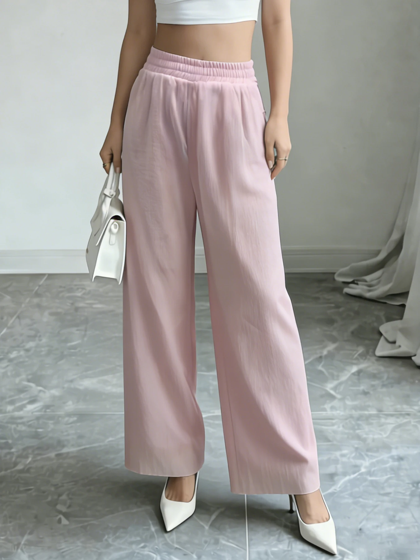 

Женские розовые широкие брюки с эластичной высокой талией, легкие, из шифона, свободного кроя, повседневные, для весны и лета, для отпуска