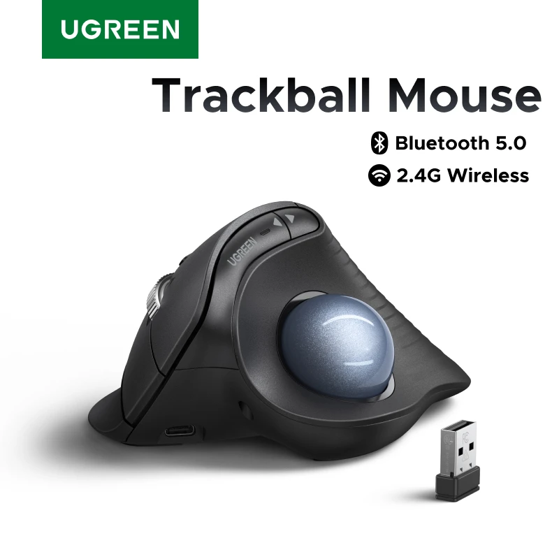 UGREEN Trackball Mouse Bluetooth recargable inalámbrico 2.4G 65° Ratón ergonómico silencioso con clic para Windows MacOS iPadOS AndroidTAO