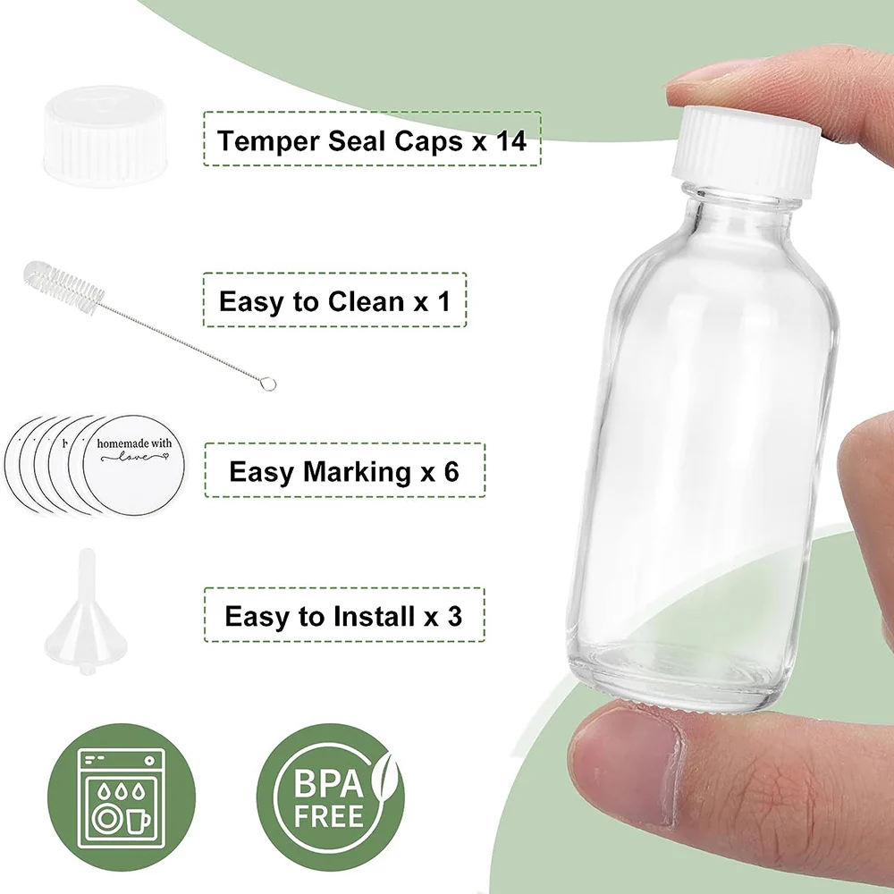 2oz Small Clear Glass Bottles with Lids for Liquids Mini Glass Juice Bottles for Potion, Ginger, Oils