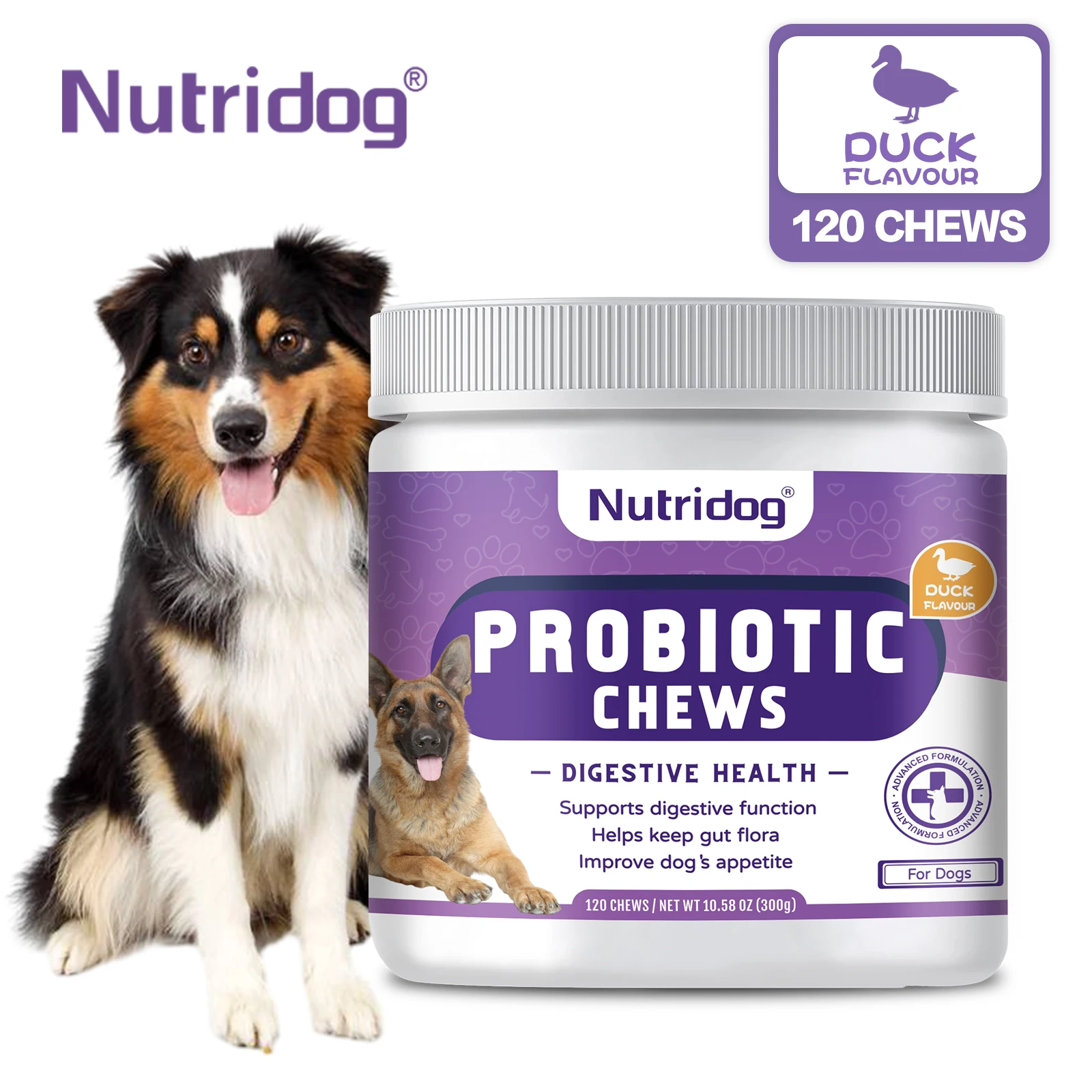 NUTRIDOG Dog Calming Supplement Chews Supports Gut Health Digestive Balance Seasonal Allergy Relief Itchy Skin Relief 120 PCS/Bo