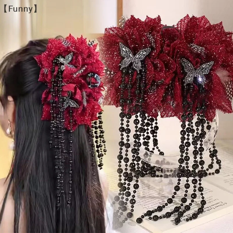 Vintage Tassel Flowers Hair Claw Exquisite Floral Shark Clip Spinki do włosów Kobiety Temperament Nakrycia głowy Akcesoria do włosów Prezenty dla dziewczynek — zdjęcie 5