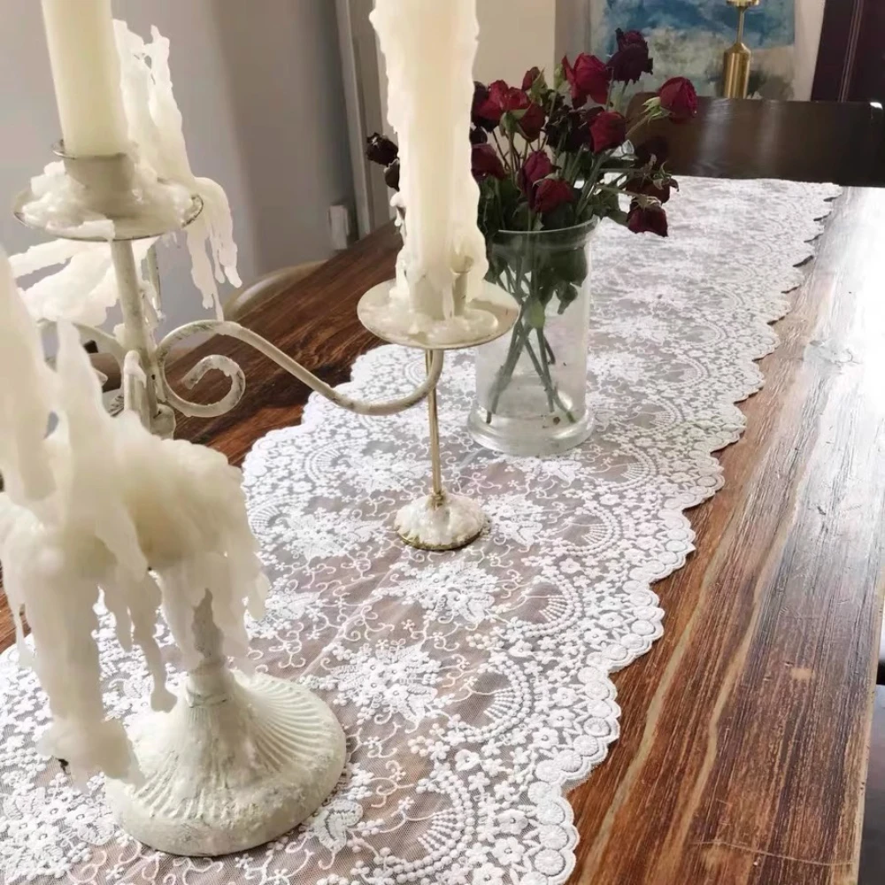 Cubierta de mesa de tela de encaje de algodón bordado, camino de mesa de encaje Floral, caminos de mesa Vintage para boda, despedida de soltera, fiesta de bebé