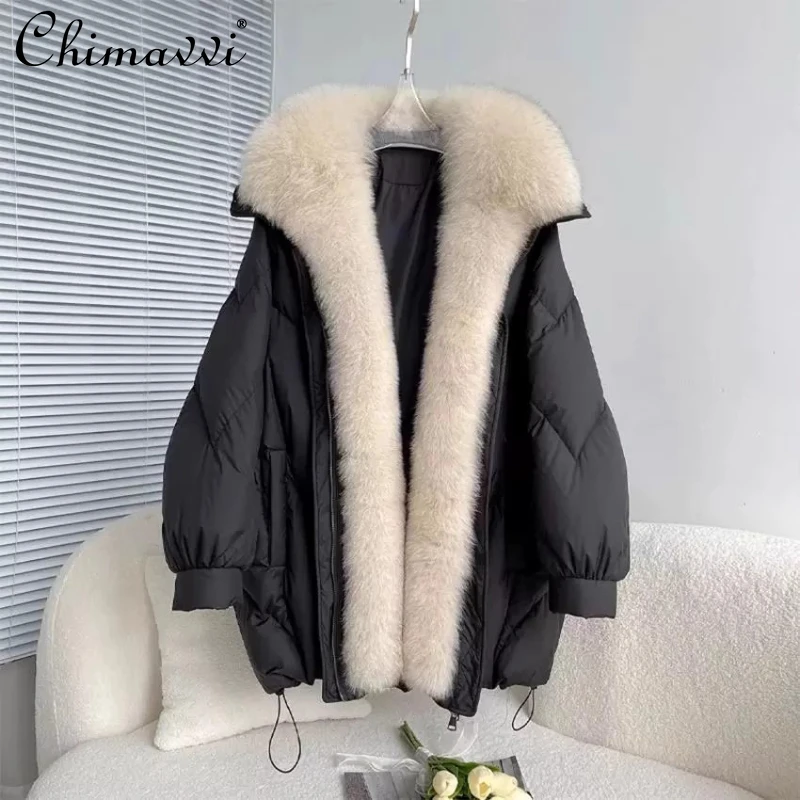 

Корейский стиль, модные элегантные пуховые пальто с лисьим мехом, однобортные свободные повседневные утолщенные теплые куртки для женщин, зимние
