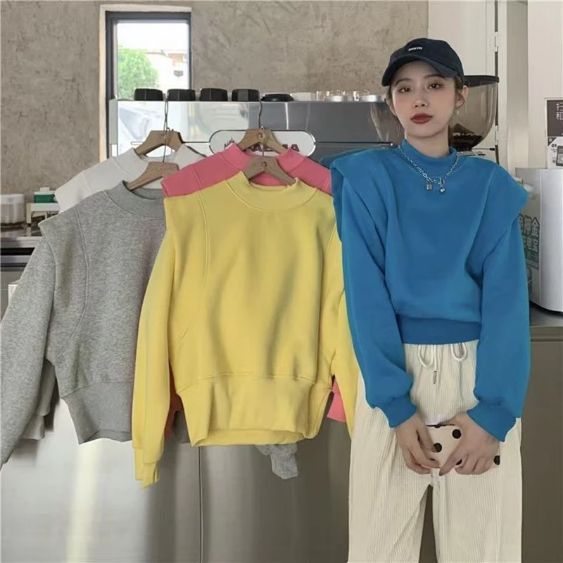 เสื้อสเวตเชิ้ตผู้หญิงแบบเรียบง่าย ผ้าพลัชเนื้อนุ่ม ใส่สบายๆ แขนยาว คอโอ ทรงหลวม แฟชั่นเก๋ แมทช์ได้กับทุกชุด เสื้อกีฬาผู้หญิงรุ่นใหม่ สำหรับฤดูใบไม้ร่วงและฤดูหนาว