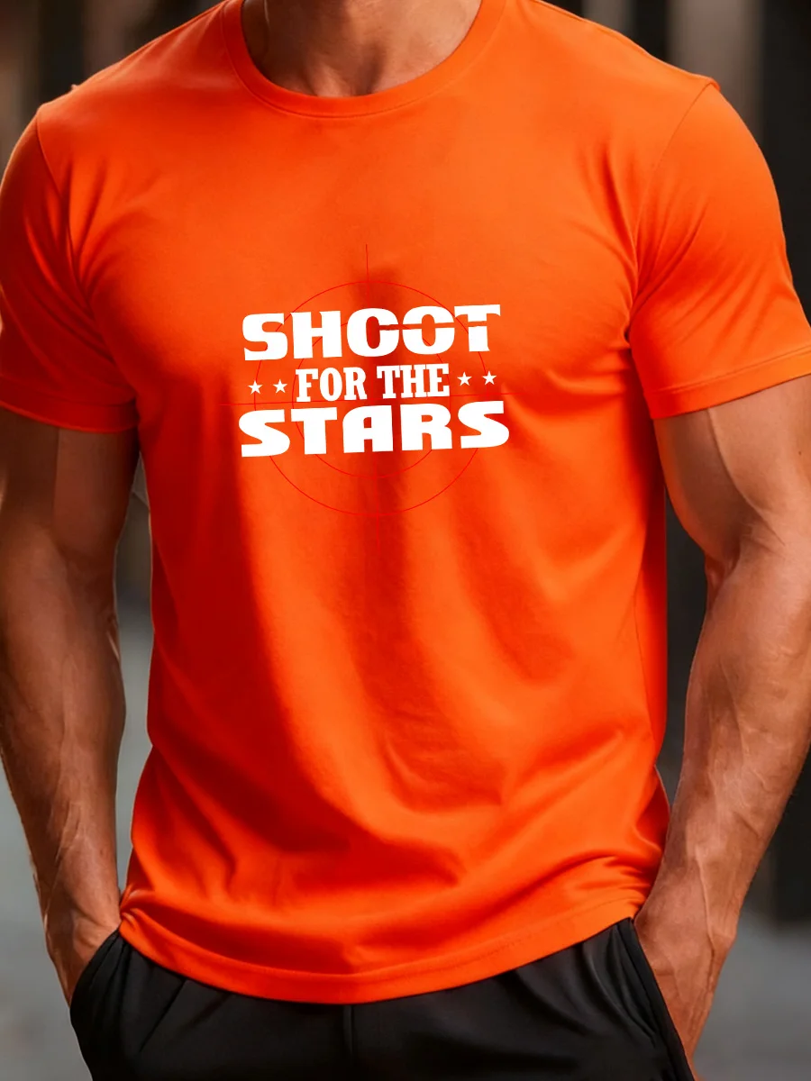 

Orange Short Sleeve "Shoot For The Stars" Graphic T-Shirt Men's Casual Cotton Tee Top