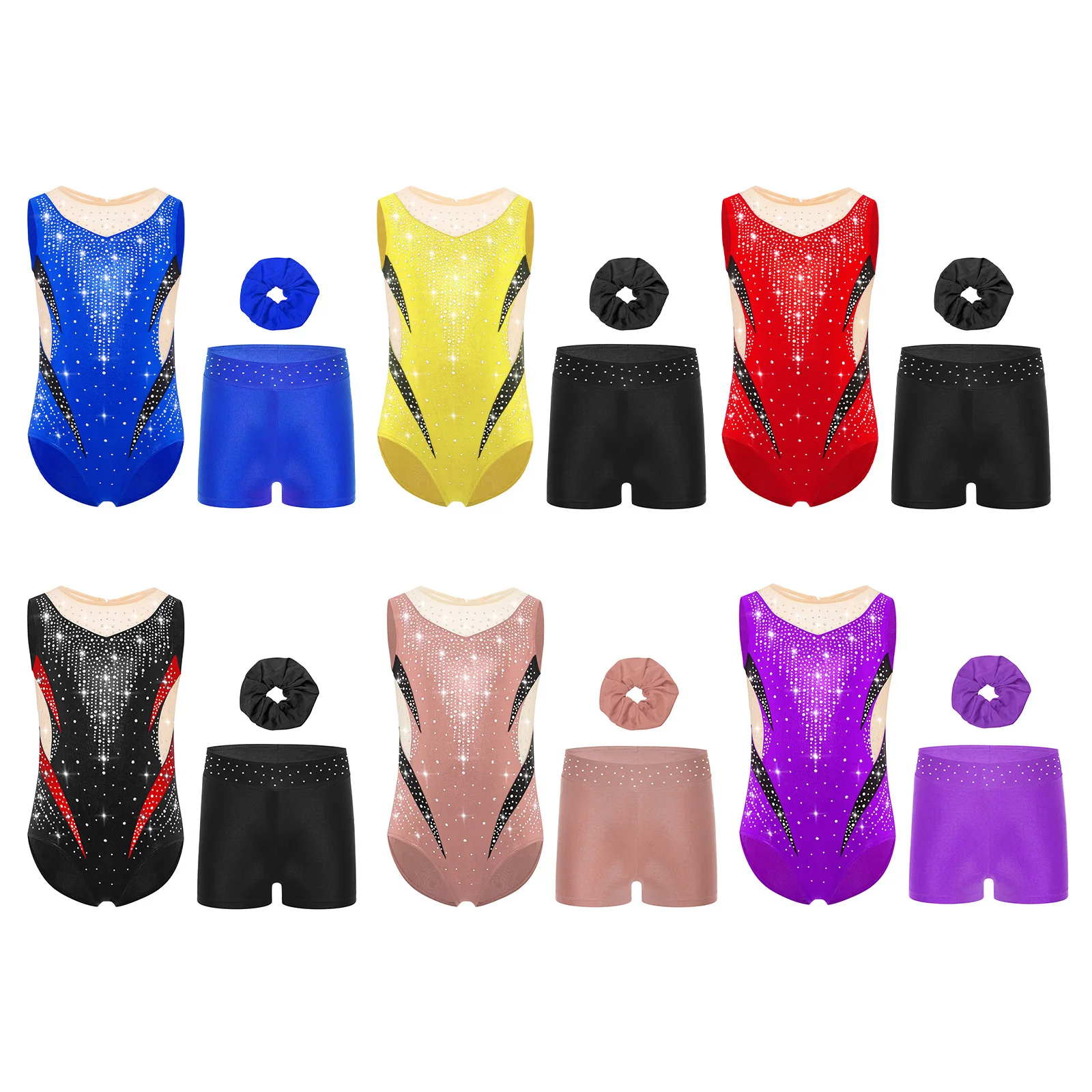 الباليه الجمباز الرقص مجموعات الشكل التزلج ملابس رياضية أطفال بنات ثقب المفتاح الخلفي شير حجر الراين يوتار أغطية الرأس مجموعة تي شيرتات قصيرة للأطفال