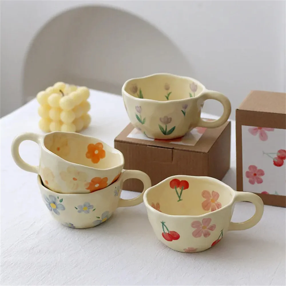 Ceramic Mugs Coffee Cups Hand Pinched Irregular Flower Milk Tea Cup Ins Korean Style Oatmeal Breakfast Mug Drinkware Kitchen