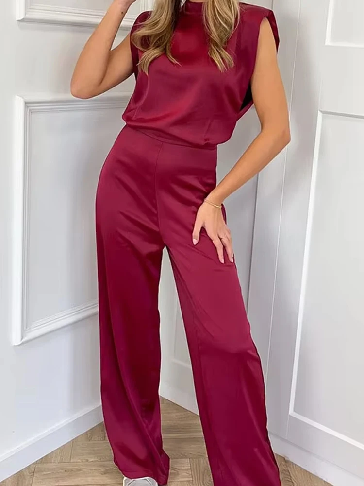 

Элегантный женский комбинезон из атласа с воротником-стойкой, без рукавов, с широкими штанинами, повседневный, с высокой талией, драпированный, для офиса