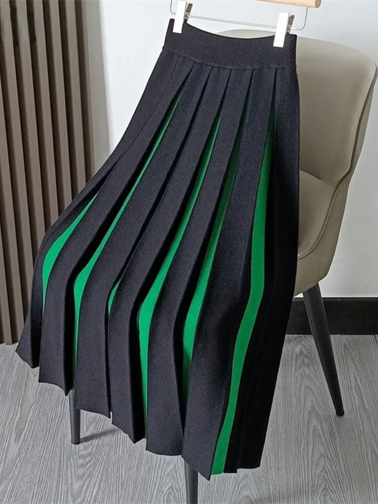 Autumn Winter Knitted Skirt Female High-waisted Green Thick Pleated Skirts Woman Contrast Color Vintage Fashion Faldas