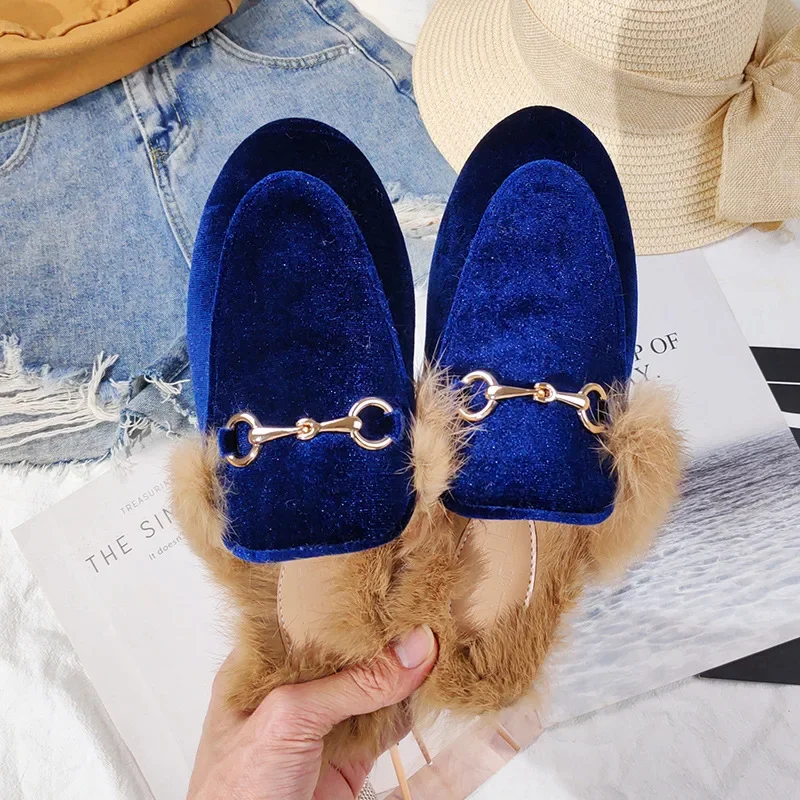 Women Wear Mueller Shoes Rabbit Fur Slippers Autumn Winter Super Hot Lazy Slippers With Flat Bottom Toe-covered Half Slippers