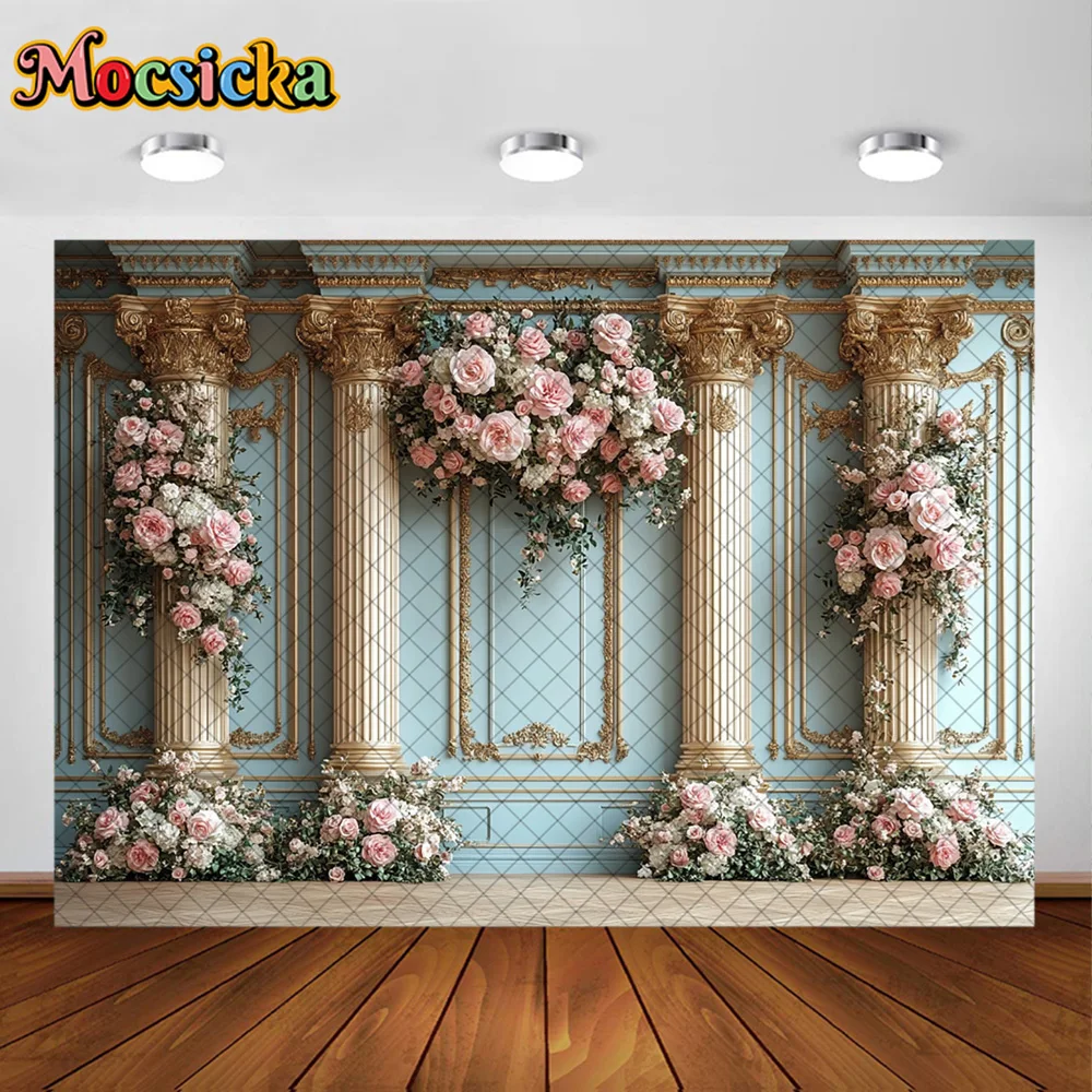 Mocsicka – arrière-plan de photographie, fleur rose, colonne dorée, décoration, gâteau de réception-cadeau pour bébé, accessoires de Studio pour Portrait de fête