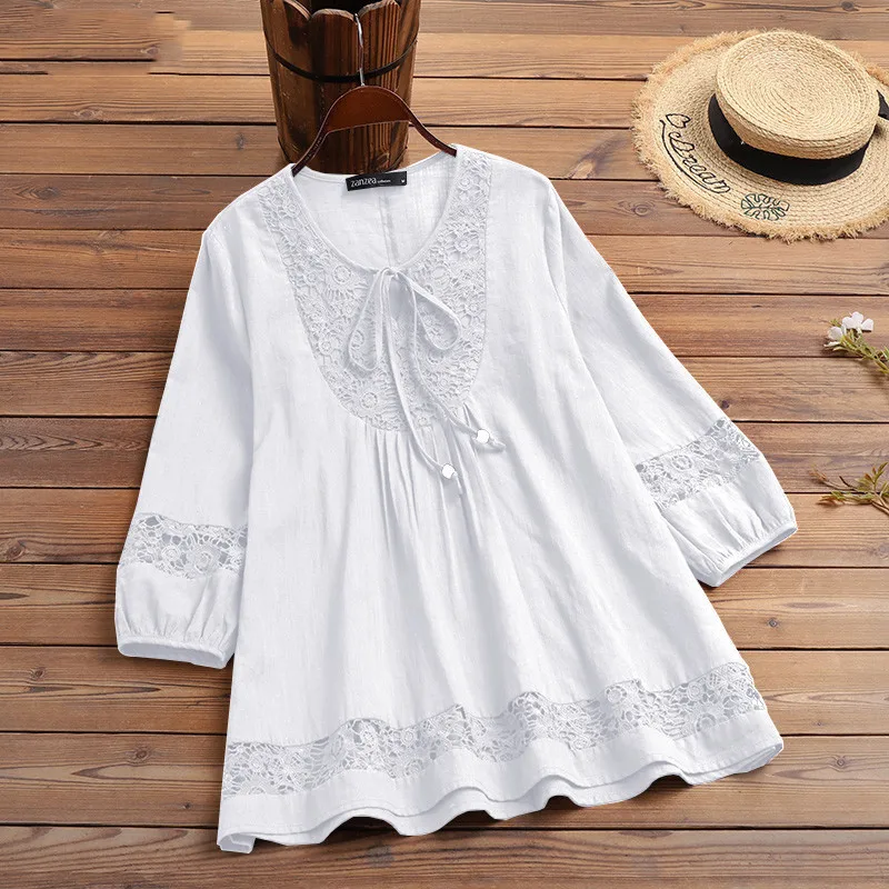 T-shirt temperamento da donna Primavera Autunno Cotone Canapa Splicing Hollow Lace Elegante girocollo Allentato T-shirt manica 3/4 Camicia