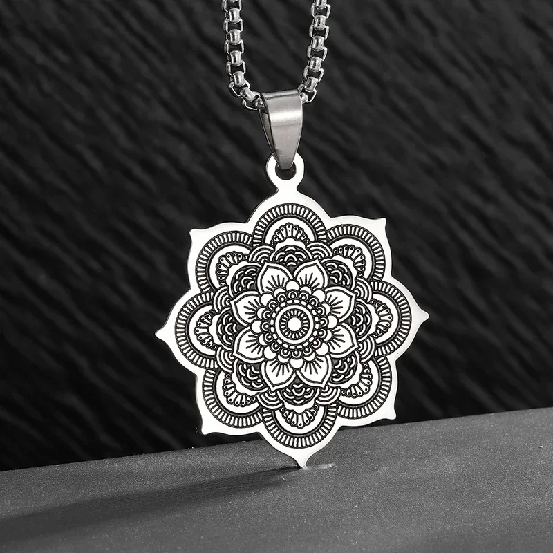 Stainless Steel Flower of Life Mandala Lotus Pendant Necklace Yoga Om Jewelry for Men and Women