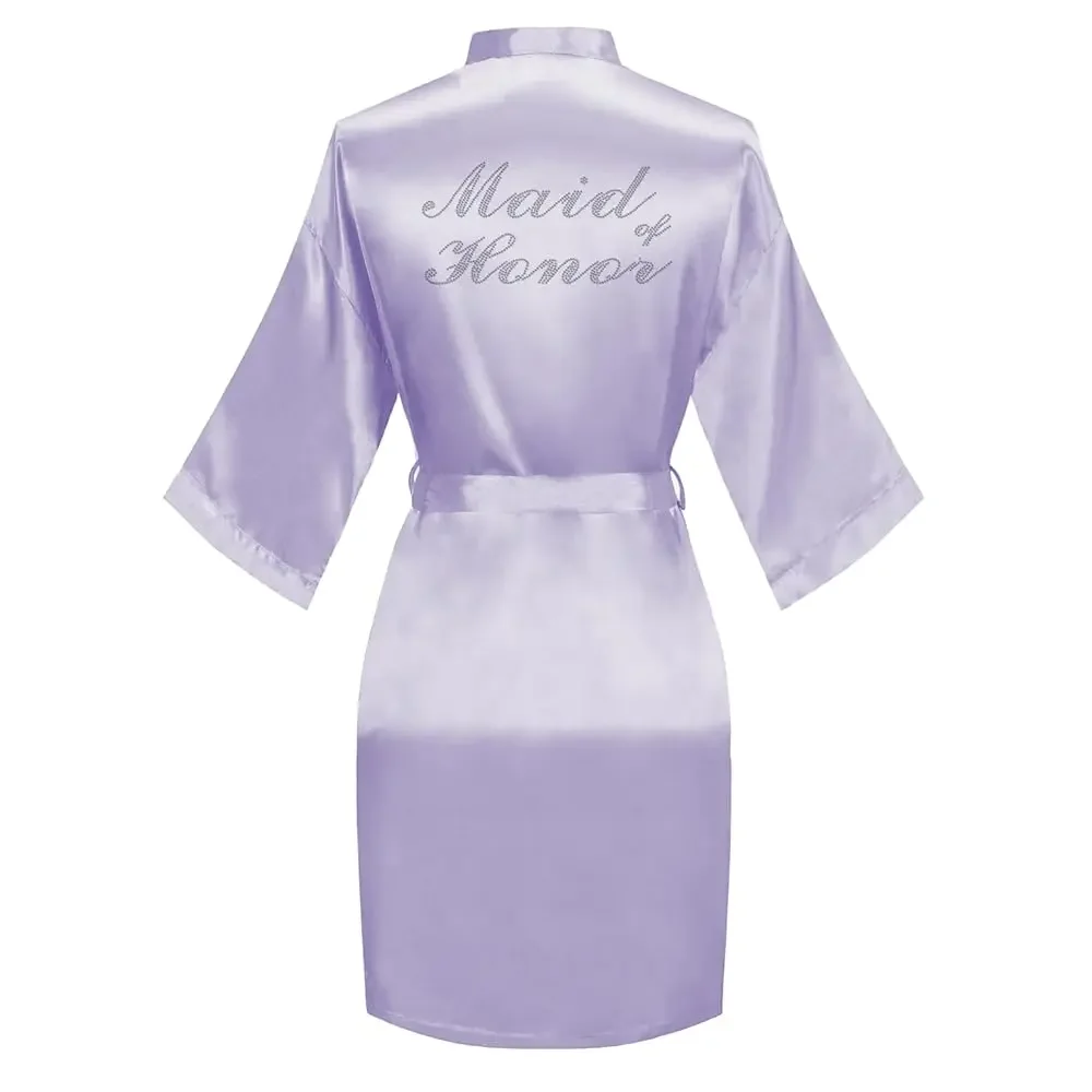 

Женские короткие атласные халаты-кимоно одного размера с серебряными стразами для невесты и подружек невесты, для свадебной вечеринки и подготовки к ней, банные халаты