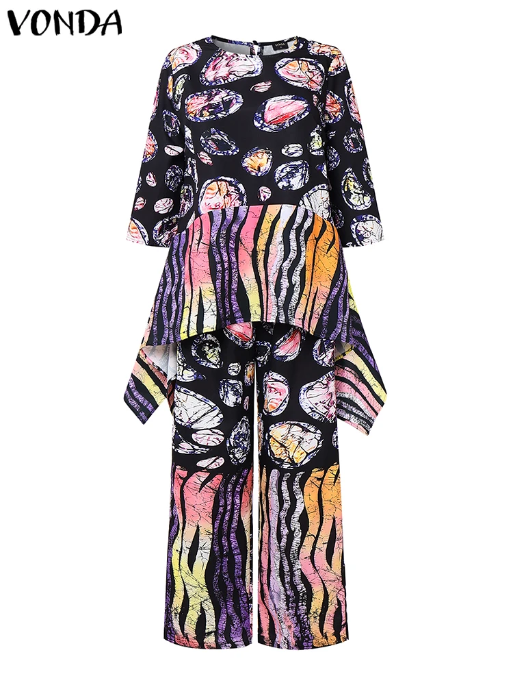 

Plus Size 5XL VONDA Women Sets Vintage Irregular Tops Printed Long Pants Elegant Suits 2025 Casual Matching Sets 2PC Outfits