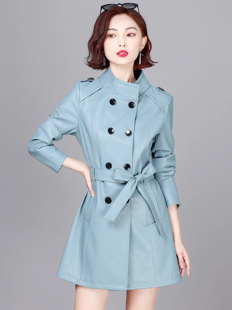 

Haining Genuine Leather Coat Women's Mid-Length 2025 Spring New Slimming Belted eepskin Windbreaker Jaet