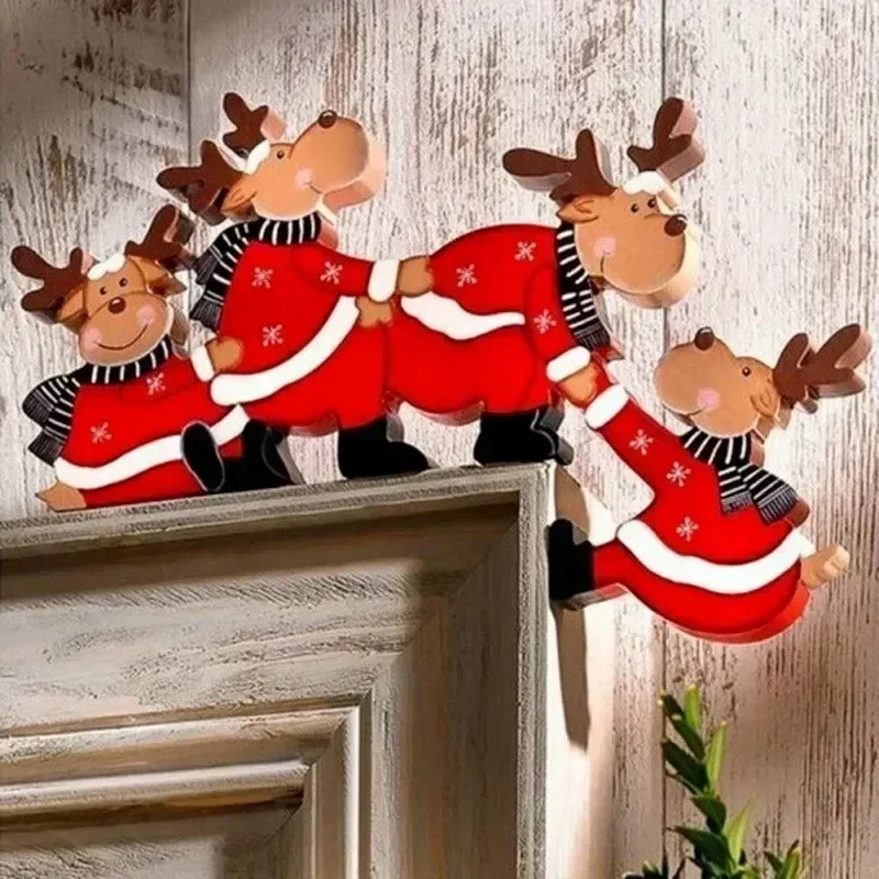 New Christmas Door Frame Wooden Decoration Elderly and Elk Handmade Crafts Personalized Holiday Home Decoration Accessories