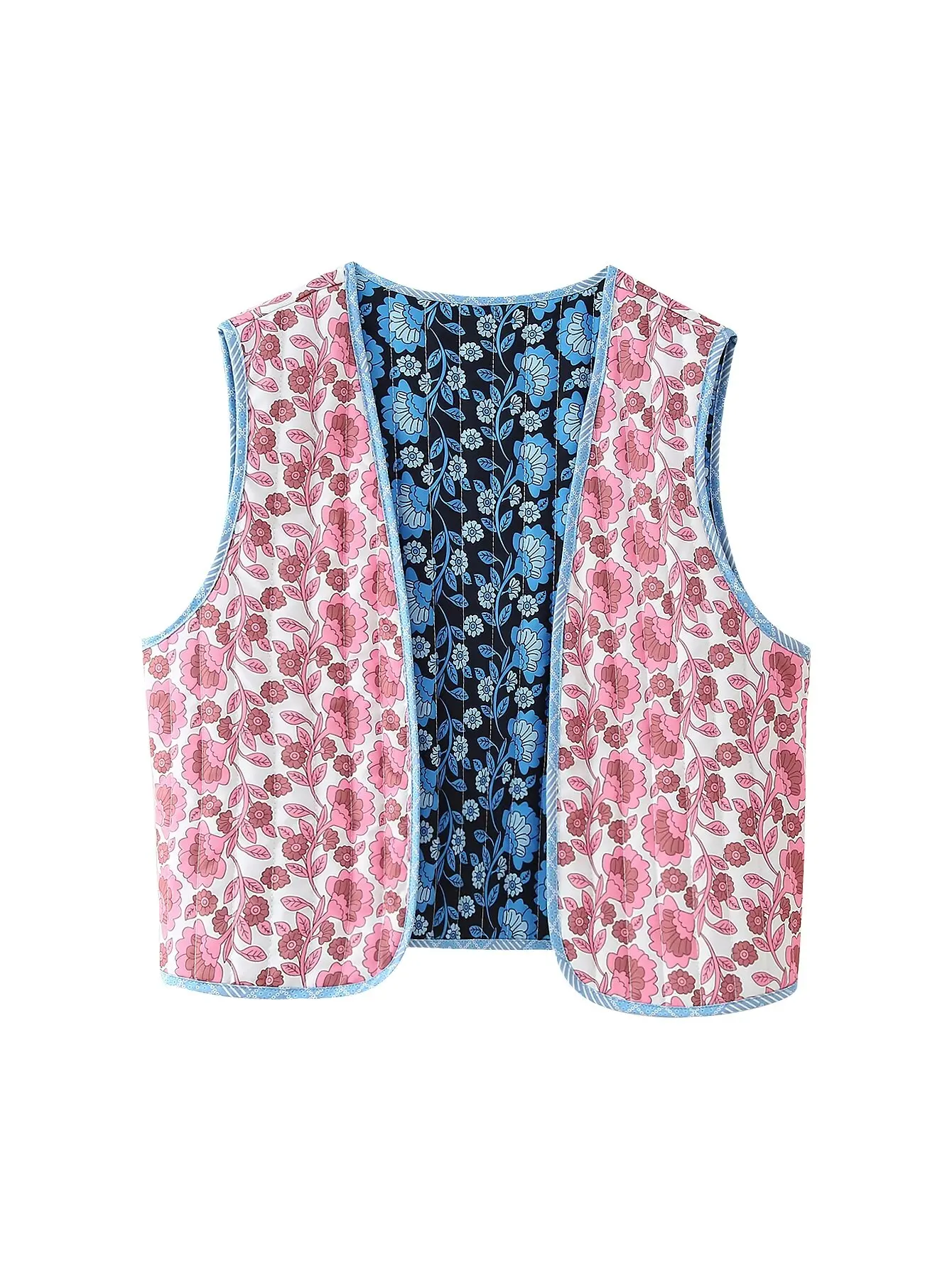 HH TRAF Autumn Female Elegant Flower Printed Sleeveless V-Neck Vest Women's Reversible Cotton Vest High Streetwear Tops Mujer