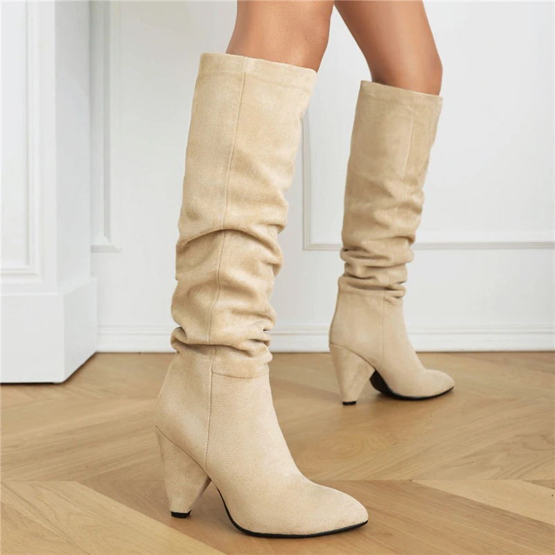 ANNYMOLI Women Over-the-Knee Long Boots Pointed Toe Thick High Heels Pleated Gogo Boot Ladies Fashion Shoes Winter Beige Gray 43