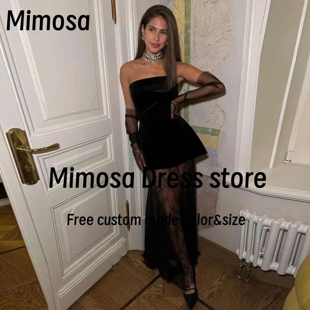 

Mimosa 2025 Black Prom Dresses Strapless Velour Top Cocktail Party Dress Sexy Lace Two Pieces Evening Gowns Customized
