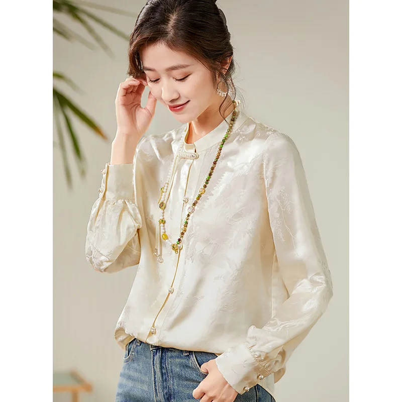 BirdTree, 32MM 70%Real Silk Elegant Shirt, Women Long Sleeve Tassel Jacquard, Retro Versatile Loose Blouse, 2024 Spring T43522QM