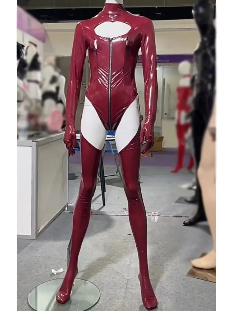 3 SZTUK / ZESTAW Wet Look PVC Cosplay Outfit Catusit Shiny PU Leather Zipper Bust Open Crotch Bodysuit Tight Sexy Body Teddies Stockings