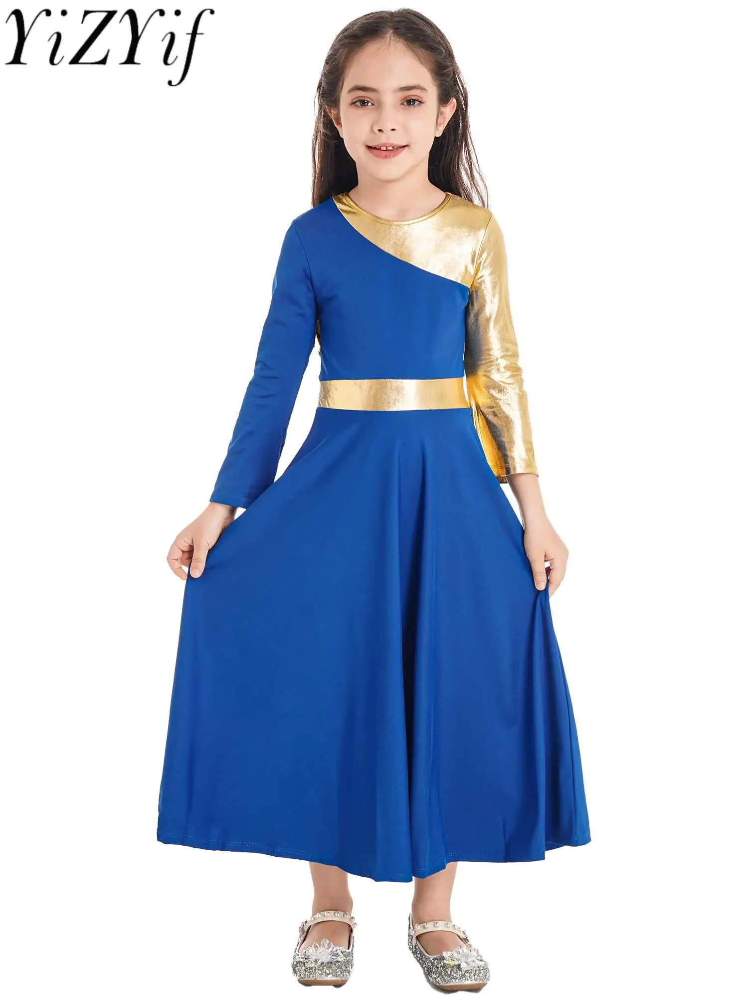 

Kids Girls Metallic Gold Praise Dance Dress Liturgical Dancewear Loose Full Length Worship Costume Church Robe Performance Dress