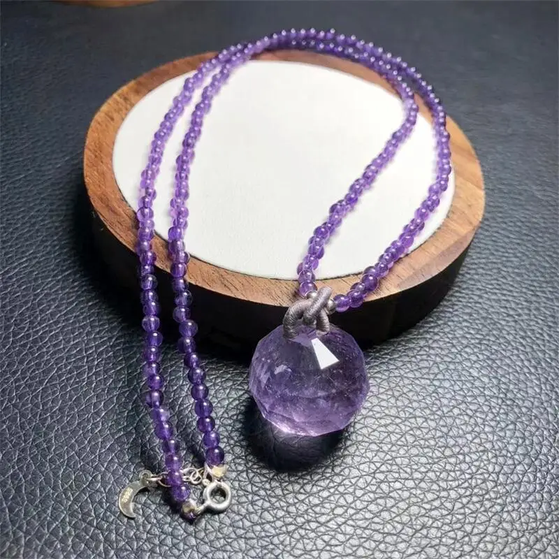 Natural Amethyst Facted Sphere Pendant Necklaces Men Women Energy Quartz Gemstone Ornament Moonstone Gift 1PCS