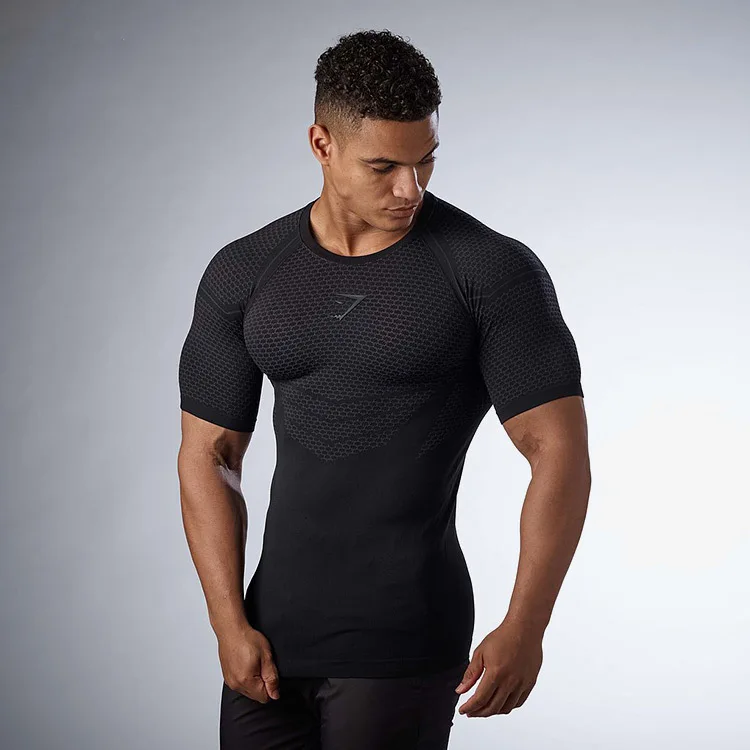 Muscle fitness exercise outdoor running elastic tight fitting quick drying clothes round neck short sleeved T-shirt