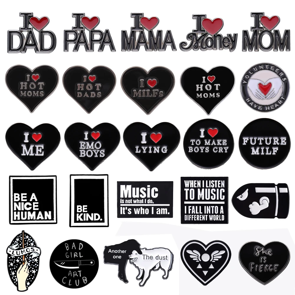 

Black Series Enamel Brooch Love Family Money Emo Be Kind Music Bullets Magic Bad Girls Club Metal Badge Punk Lapel Pins Jewelry