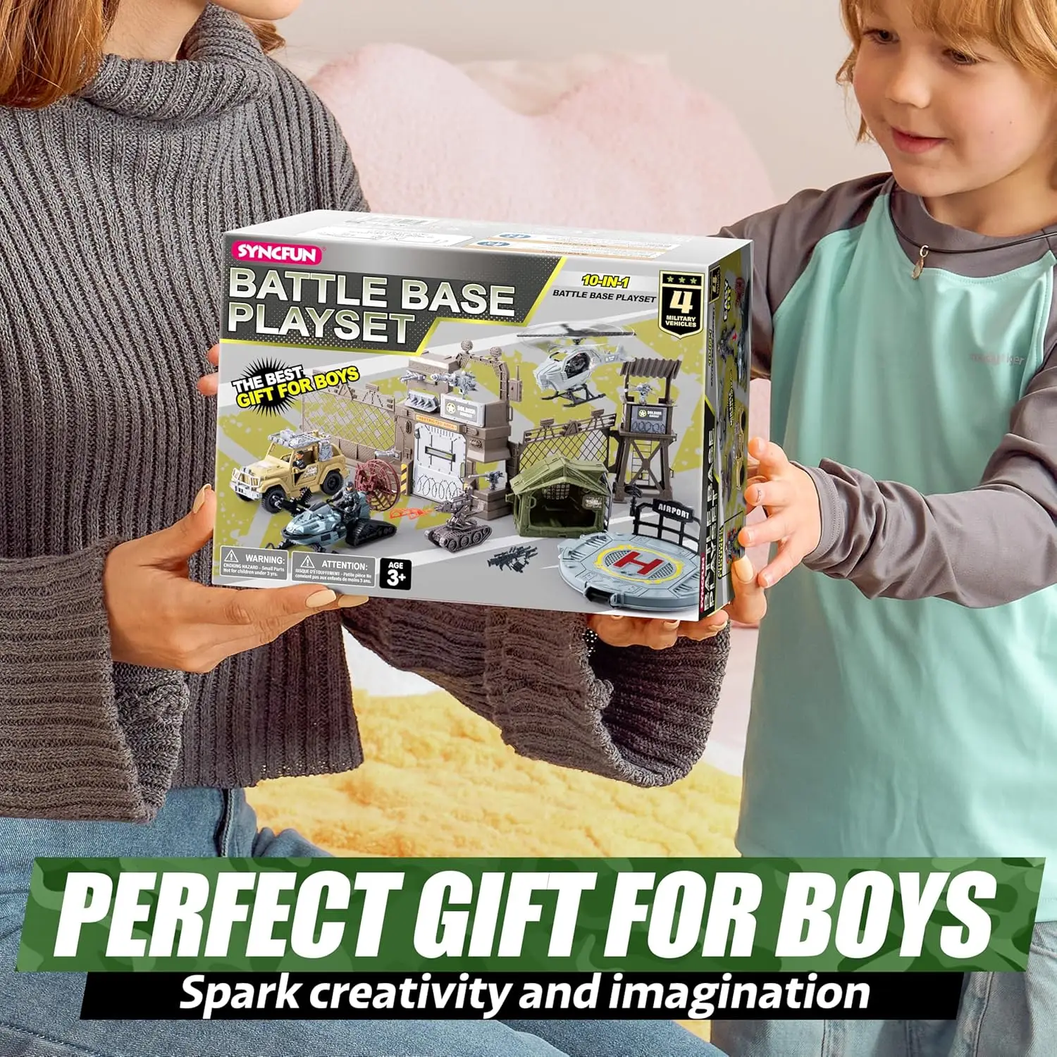 JOYFY Militaire speelgoedset met legerbasis, voertuigen Actiefiguren Wapenaccessoires Helikopter voor kinderen Kerstverjaardagscadeau